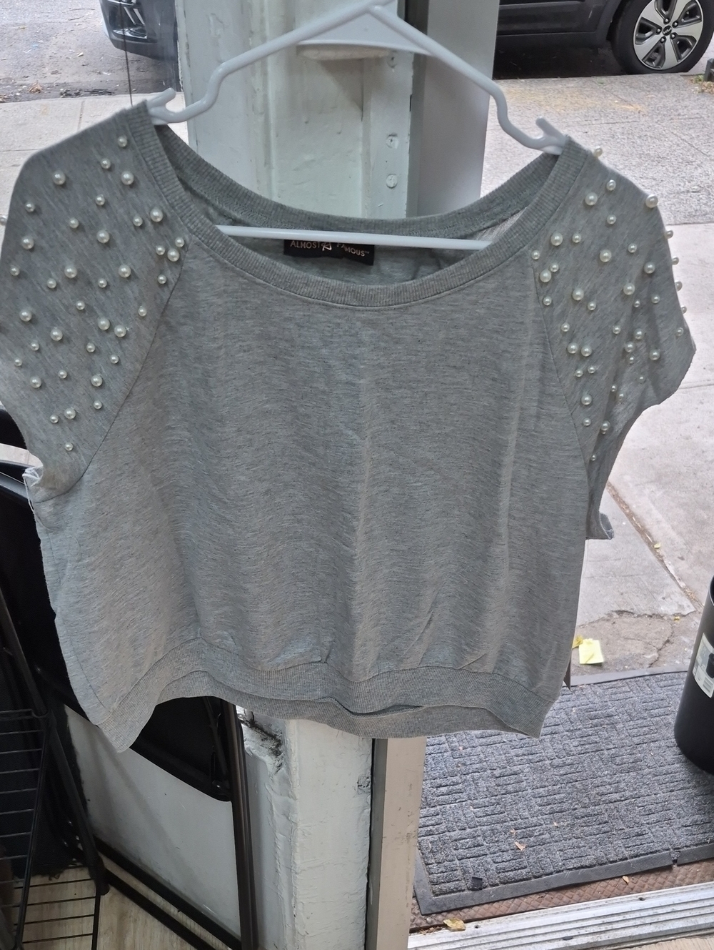 Almost Famous Light Gray Pearl-Accent Cropped Sweatshirt